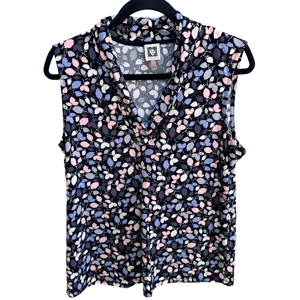Anne Klein Careerwear Layering Floral Leaf Cowl Neck Sleeveless Blouse Navy L
